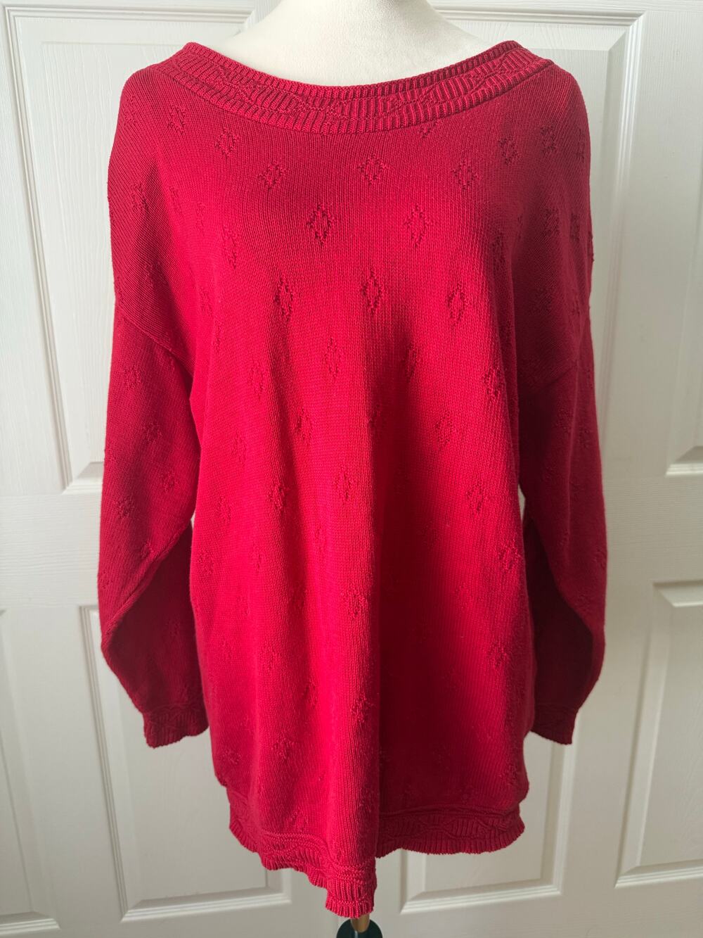 Express Tricot‎ Vintage Red Pointelle Cotton Boat Neck Sweater Size XS Oversized